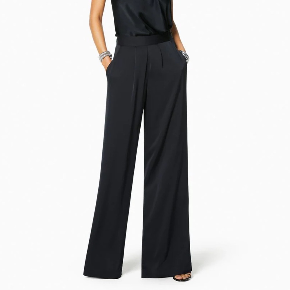 RAMY BROOK BLACK SATIN IRIS HIGH WAISTED PLEATED WIDE LEG PANT - Picture 1 of 8